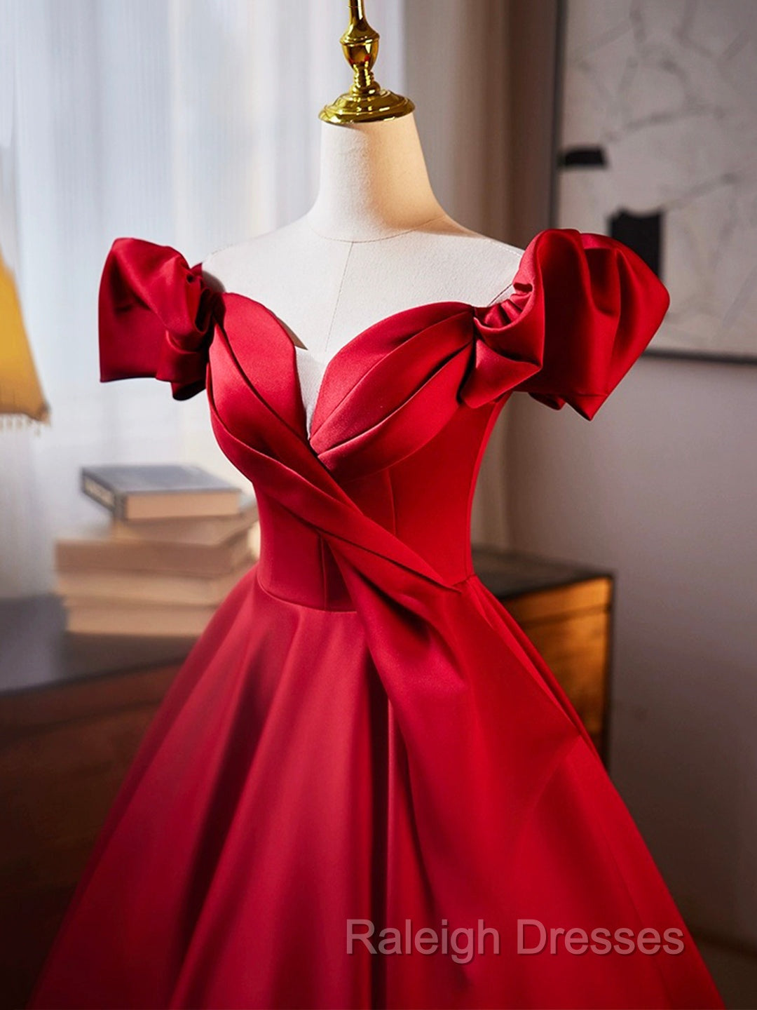 Dark Red Satin Long Prom Dress, Off The Shoulder A-Line Formal Evening Dress