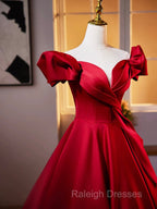 Dark Red Satin Long Prom Dress, Off The Shoulder A-Line Formal Evening Dress
