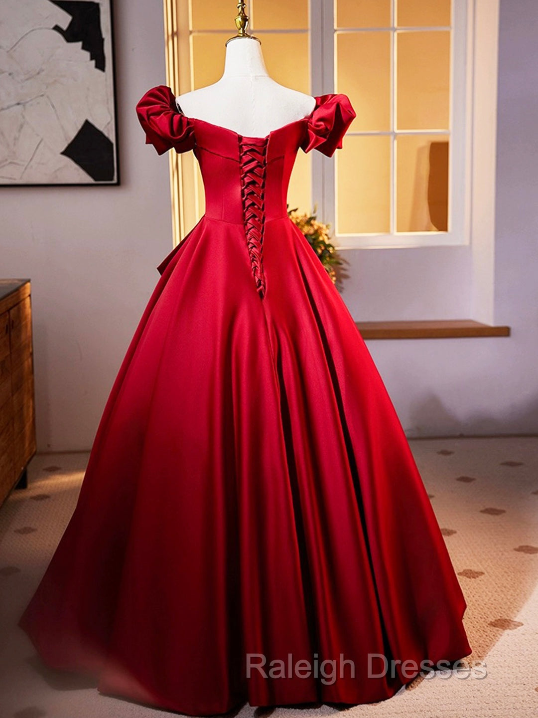 Dark Red Satin Long Prom Dress, Off The Shoulder A-Line Formal Evening Dress