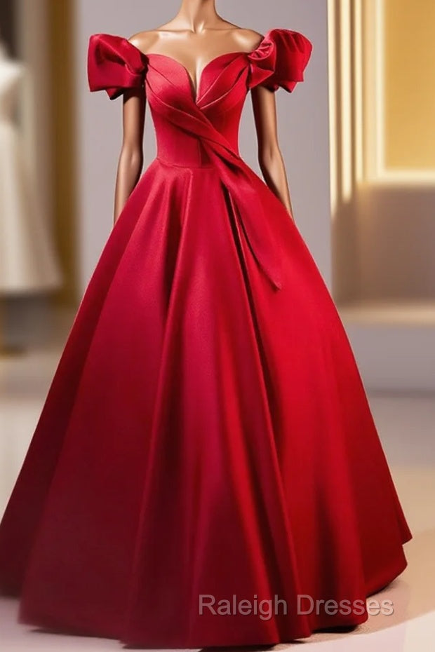 Dark Red Satin Long Prom Dress, Off The Shoulder A-Line Formal Evening Dress Main image