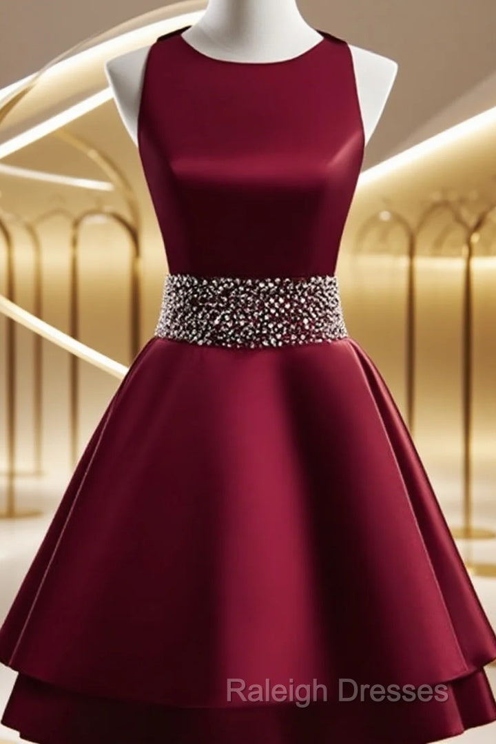 Dark Red Satin Short Two Layered Homecoming Dress, O-Neckline Party Dress, Short Formal Dress Main image