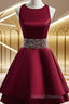 Dark Red Satin Short Two Layered Homecoming Dress, O-Neckline Party Dress, Short Formal Dress