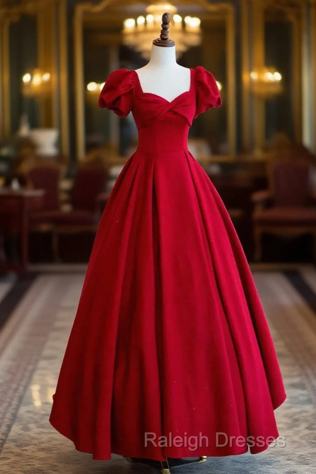 Dark Red Short Sleeve Long Prom Dresses Beautiful A-Line Prom Dresses Main image