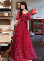 Dark Red Short Sleeves Sweetheart Tulle Prom Dress, A-Line Dark Red Formal Dress