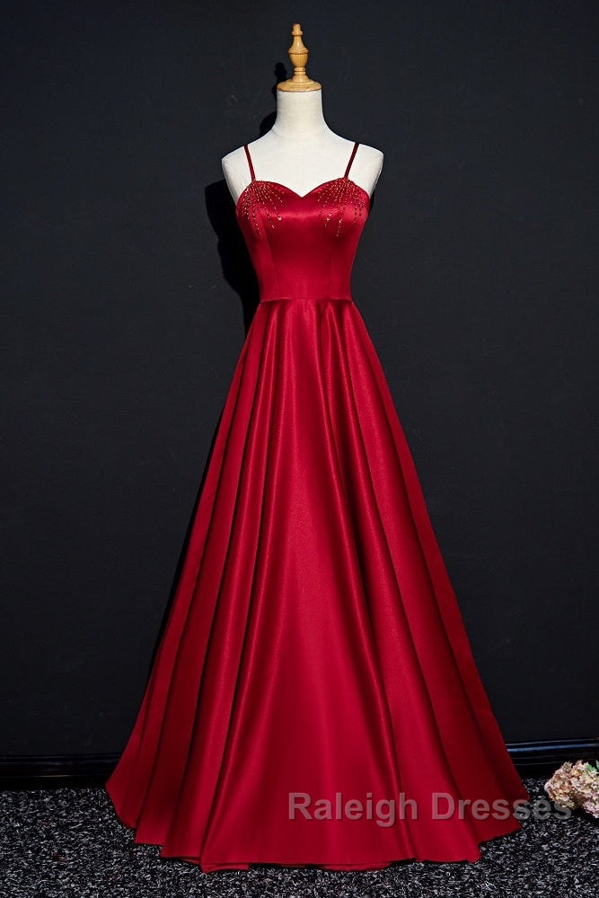 Dark Red Straps Beaded Sweetheart Satin Long Party Dress, Wine Red Prom Dresses Secondary image