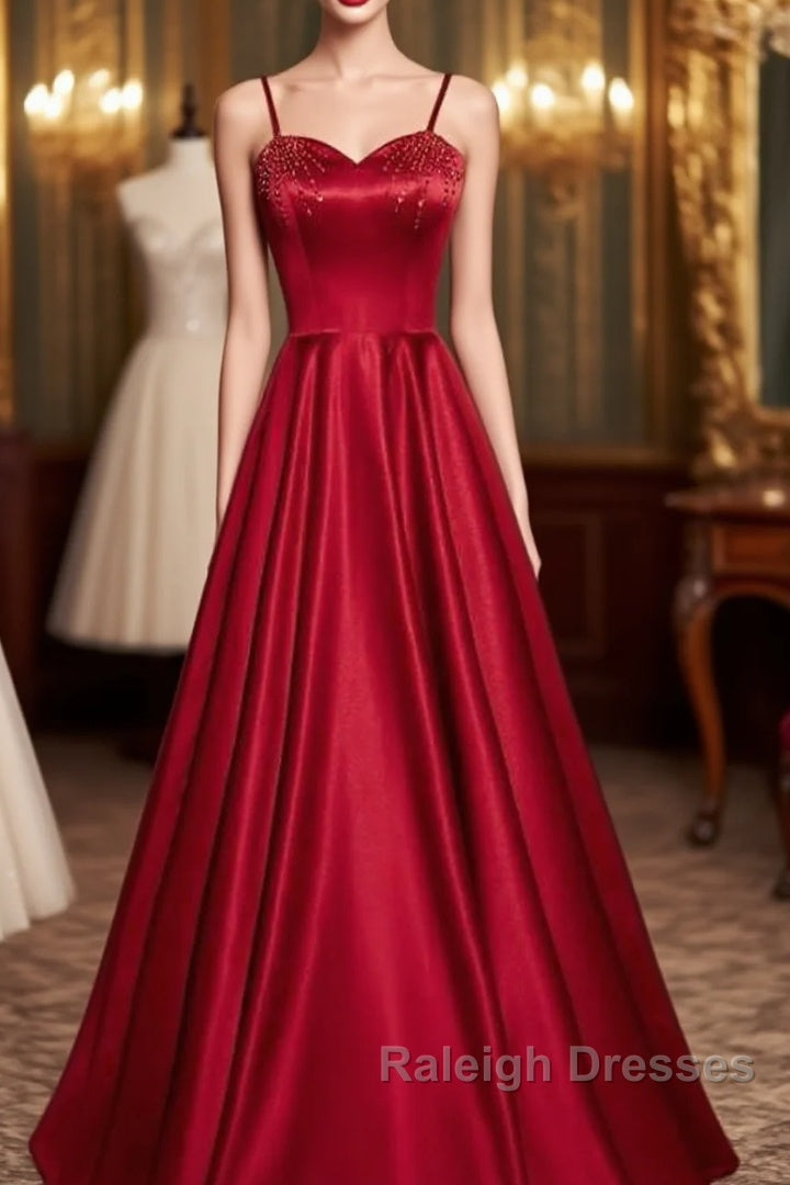 Dark Red Straps Beaded Sweetheart Satin Long Party Dress, Wine Red Prom Dresses Main image