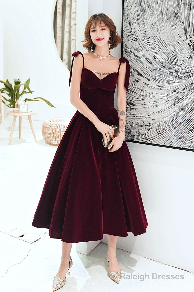 Dark Red Straps Velvet Elegant Tea Length Bridesmaid Dress, Burgundy Prom Dress Party Dress