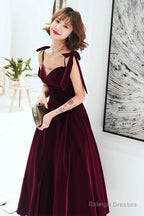 Dark Red Straps Velvet Elegant Tea Length Bridesmaid Dress, Burgundy Prom Dress Party Dress