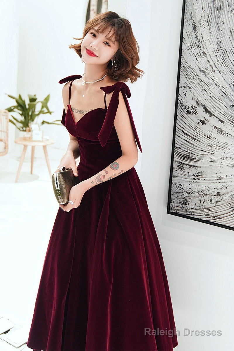 Dark Red Straps Velvet Elegant Tea Length Bridesmaid Dresses Burgundy Prom Dresseses