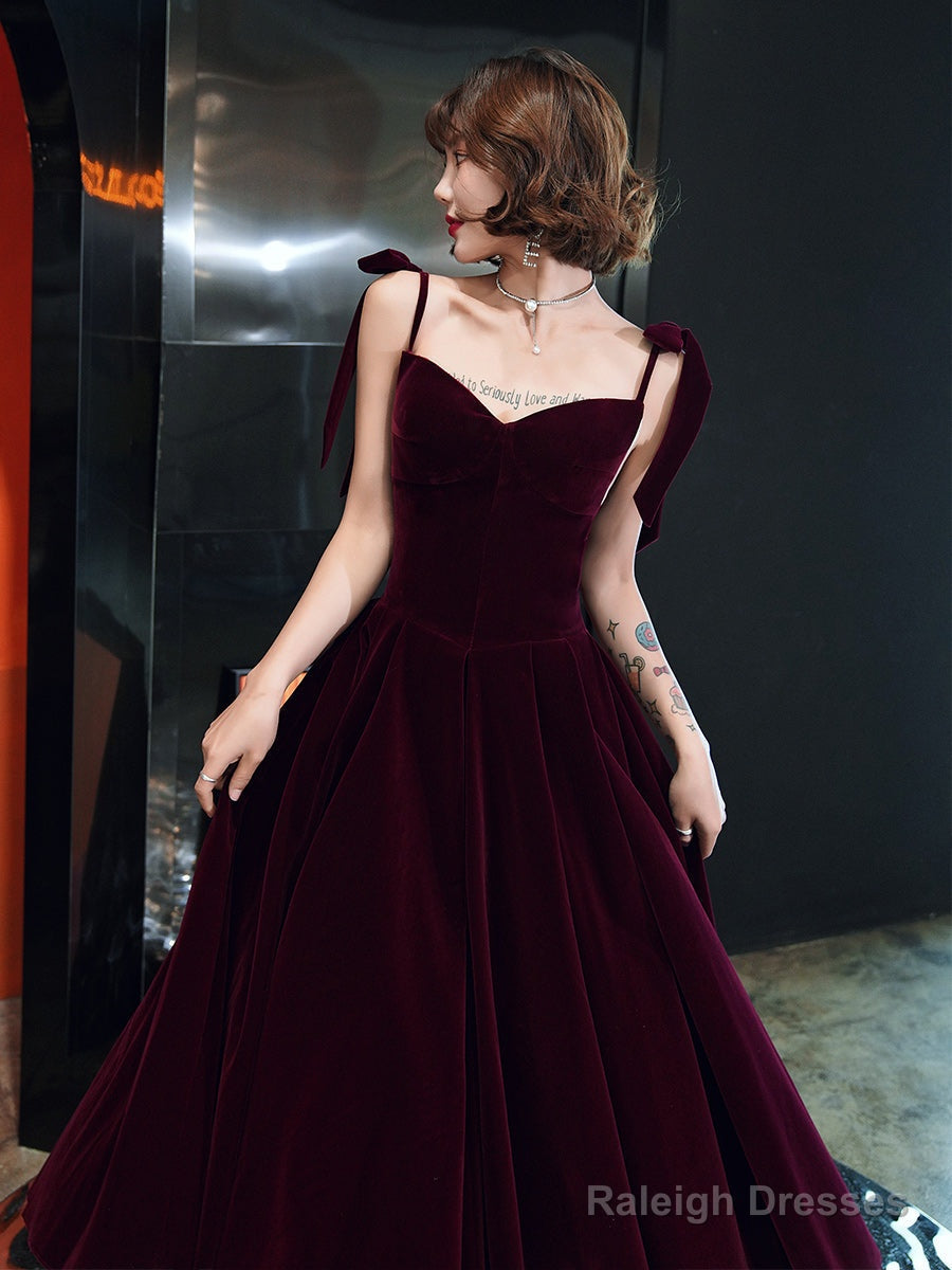 Dark Red Straps Velvet Elegant Tea Length Bridesmaid Dress, Burgundy Prom Dress Party Dress