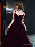 Dark Red Straps Velvet Elegant Tea Length Bridesmaid Dresses Burgundy Prom Dresseses