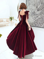 Dark Red Straps Velvet Elegant Tea Length Bridesmaid Dress, Burgundy Prom Dress Party Dress