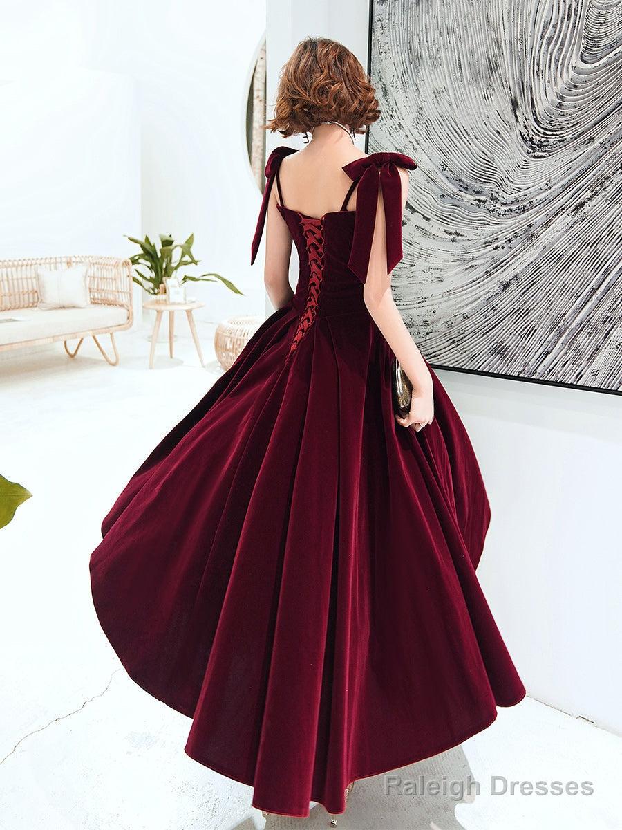 Dark Red Straps Velvet Elegant Tea Length Bridesmaid Dress, Burgundy Prom Dress Party Dress