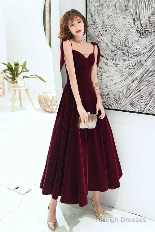 Dark Red Straps Velvet Elegant Tea Length Bridesmaid Dress, Burgundy Prom Dress Party Dress Main image