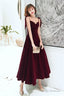 Dark Red Straps Velvet Elegant Tea Length Bridesmaid Dress, Burgundy Prom Dress Party Dress