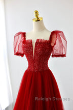 Dark Red Tulle Floor Length Prom Dresses Beautiful A-Line Short Sleeve Prom Dresses With Beaded