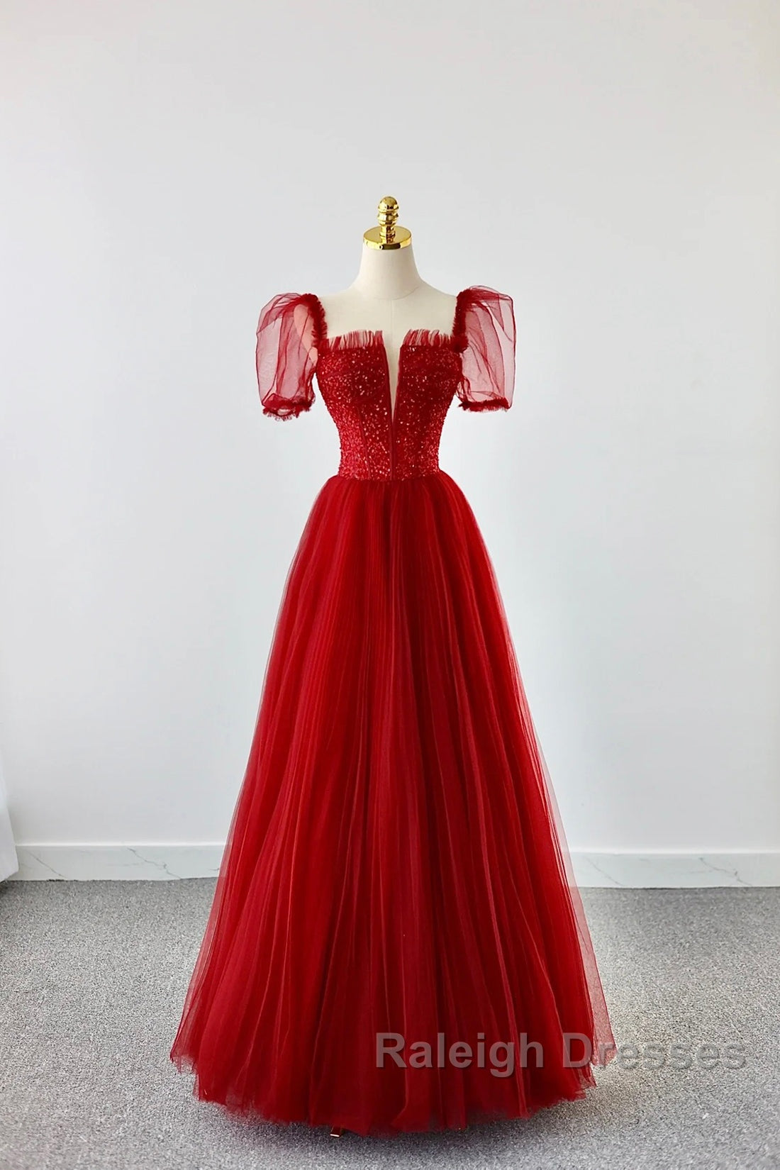 Dark Red Tulle Floor Length Formal Dress, Beautiful A-Line Short Sleeve Evening Dress With Beaded