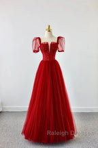 Dark Red Tulle Floor Length Prom Dresses Beautiful A-Line Short Sleeve Prom Dresses With Beaded