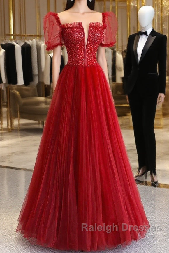 Dark Red Tulle Floor Length Formal Dress, Beautiful A-Line Short Sleeve Evening Dress With Beaded Main image