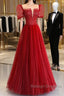 Dark Red Tulle Floor Length Prom Dresses Beautiful A-Line Short Sleeve Prom Dresses With Beaded