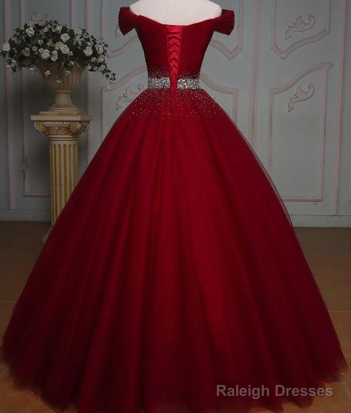 Dark Red Tulle Gorgeous Ball Gown, Burgundy Off Shoulder With Beaded Waist, Pretty Formal Dress Secondary image
