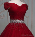 Dark Red Tulle Gorgeous Ball Gown, Burgundy Off Shoulder With Beaded Waist, Pretty Formal Dress