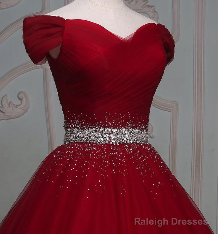 Dark Red Tulle Gorgeous Ball Gown, Burgundy Off Shoulder With Beaded Waist, Pretty Formal Dress
