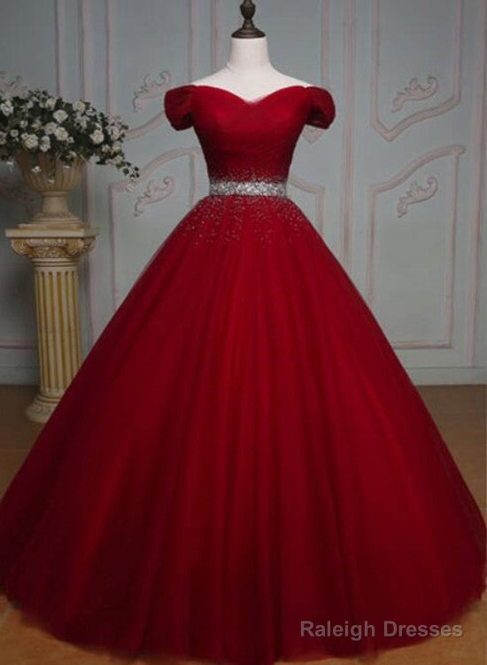 Dark Red Tulle Gorgeous Ball Gown, Burgundy Off Shoulder With Beaded Waist, Pretty Formal Dress Main image