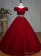 Dark Red Tulle Gorgeous Ball Gown, Burgundy Off Shoulder With Beaded Waist, Pretty Formal Dress