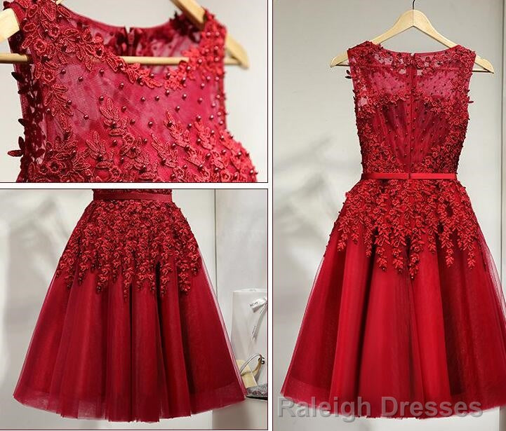 Dark Red Tulle Knee Length Party Dress, Wine Red Homecoming Dress Main image