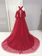 Dark Red Tulle Lace Long Prom Dress, Red Tulle Lace Prom Dress