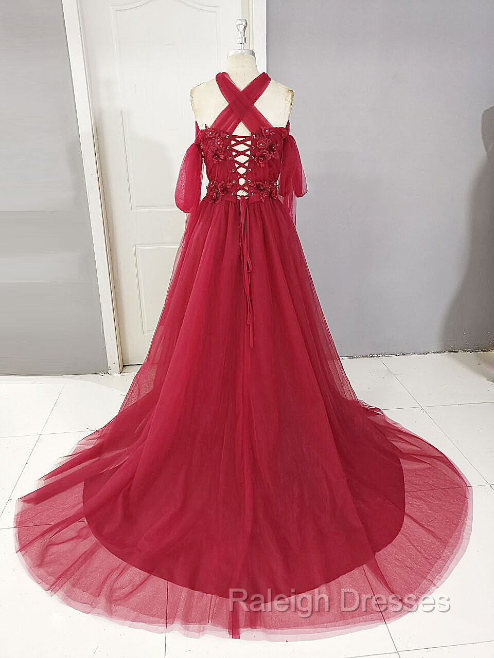 Dark Red Tulle Lace Long Prom Dress, Red Tulle Lace Prom Dress