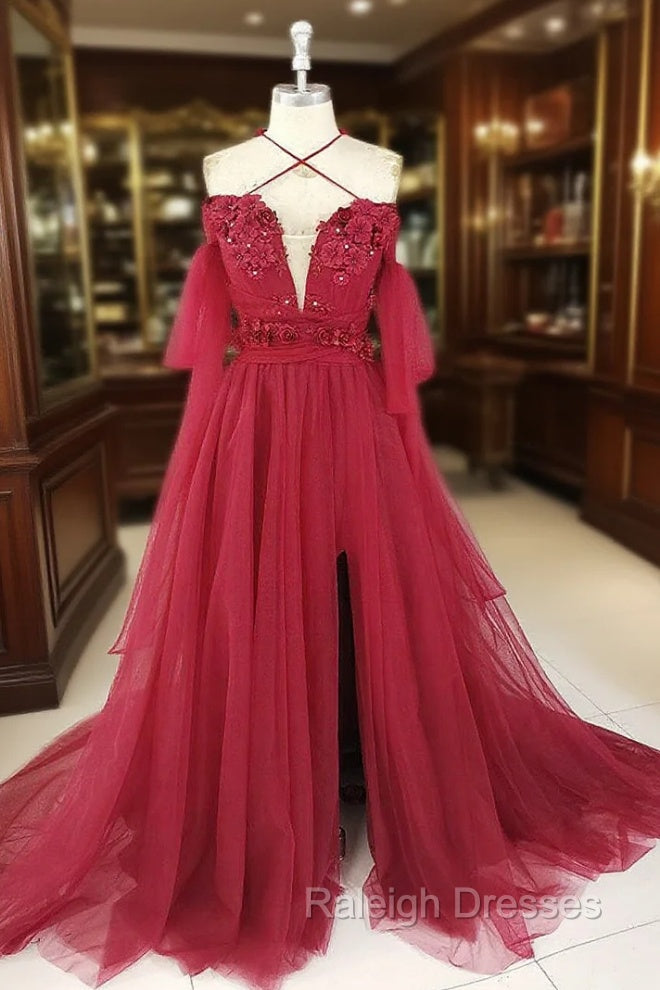 Dark Red Tulle Lace Long Prom Dress, Red Tulle Lace Evening Dress