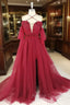 Dark Red Tulle Lace Long Prom Dress, Red Tulle Lace Prom Dress