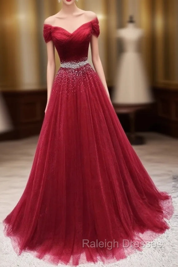 Dark Red Tulle Off Shoulder Long Prom Dress, Beaded Prom Dress
