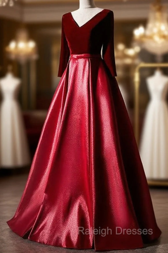 Dark Red Velvet and Satin V-neckline Long Prom Dresses Evening Dress, Red Bridesmaid Dresses Secondary image