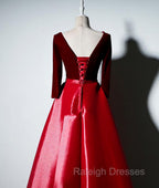 Dark Red Velvet and Satin V Neckline Long Prom Dress, Red Bridesmaid Dresses