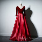 Dark Red Velvet and Satin V-neckline Long Prom Dresses Evening Dress, Red Bridesmaid Dresses