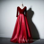 Dark Red Velvet and Satin V Neckline Long Prom Dress, Red Bridesmaid Dresses
