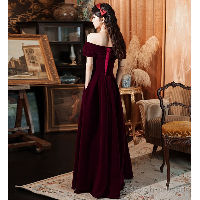 Dark Red Velvet Long Party Dress Prom Dress , A-Line Formal Dresses Evening Dresses