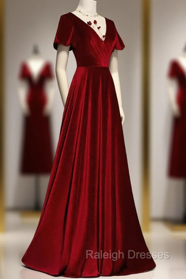 Dark Red Velvet Long Prom Dress, Charming Formal Gowns