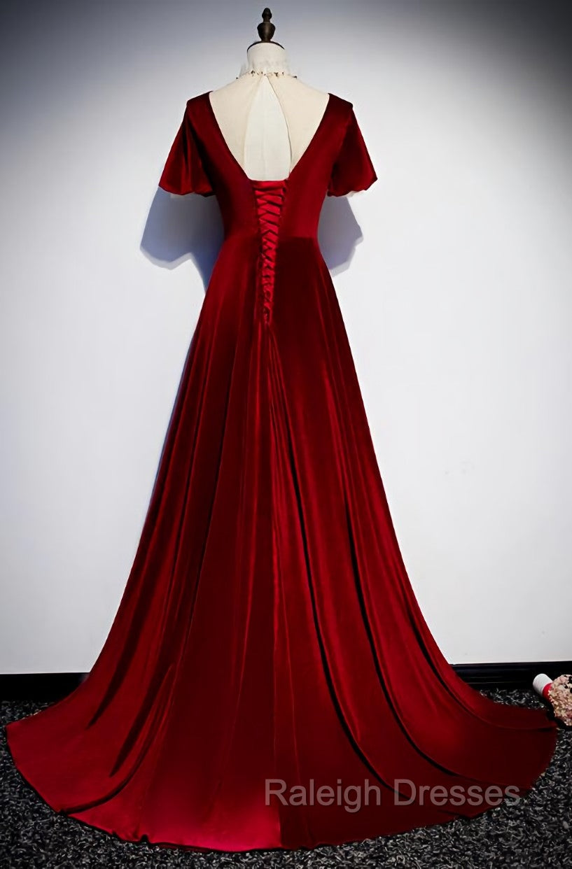 Dark Red Velvet Long Prom Dress, Charming Formal Gowns