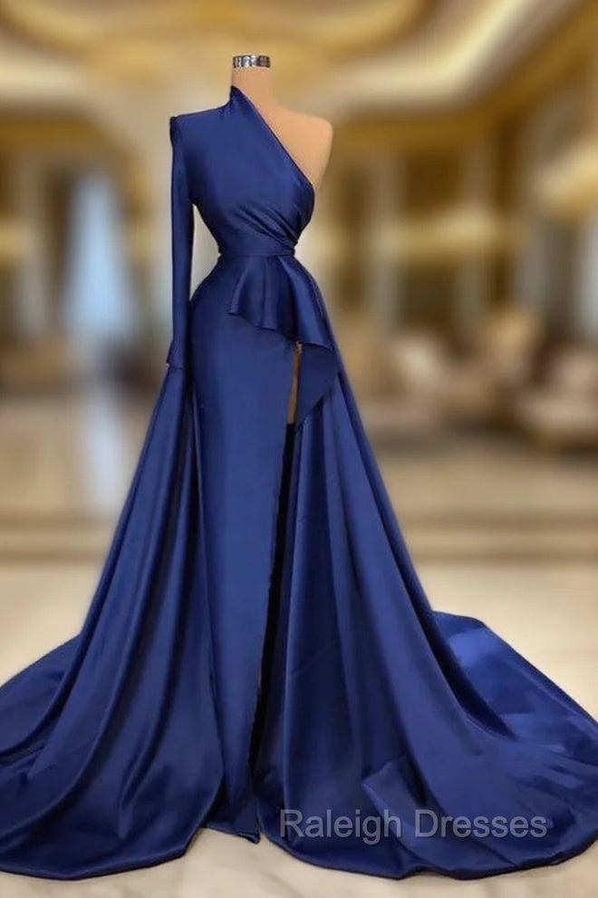 Dark Royal Blue One shoulder Ruffles Side-cut Overskirt Prom Dress