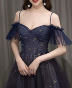 Dark Starry Sky Purple Tulle Long Prom Dress Purple Evening Dress