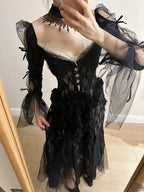 Dark Vintage Black Long Sleeve High-Slit Lace Tulle Formal Prom Dress