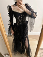 Dark Vintage Black Long Sleeve High-Slit Lace Tulle Formal Prom Dress