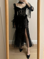 Dark Vintage Black Long Sleeve High-Slit Lace Tulle Formal Prom Dress