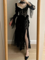 Dark Vintage Black Long Sleeve High-Slit Lace Tulle Formal Prom Dress