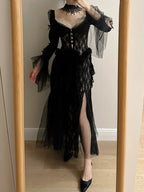 Dark Vintage Black Long Sleeve High-Slit Lace Tulle Formal Prom Dress