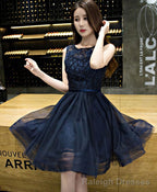 Dark Blue Lace Beading Short Prom Dress Dark Blue Evening Dress